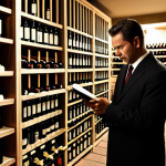 A professional male sommelier in a modest, dark business suit and a clean, traditional sommelier apron, meticulously examining a wine bottle in a vast, perfectly organized, dimly lit wine cellar. The cellar features rows of stacked wine bottles, proper temperature gauges, and subtle ambient lighting, conveying a sense of dedication and precision. He holds a small notebook and pen, indicating detailed inventory work. The image focuses on his expert attention and the traditional aspect of the profession. Perfect anatomy, correct proportions, natural pose, well-formed hands, proper finger count, natural body proportions. High-resolution, professional photography, cinematic lighting, safe for work, appropriate content, fully clothed, professional dress, family-friendly.