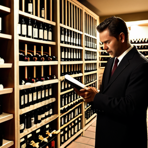 A professional male sommelier in a modest, dark business suit and a clean, traditional sommelier apron, meticulously examining a wine bottle in a vast, perfectly organized, dimly lit wine cellar. The cellar features rows of stacked wine bottles, proper temperature gauges, and subtle ambient lighting, conveying a sense of dedication and precision. He holds a small notebook and pen, indicating detailed inventory work. The image focuses on his expert attention and the traditional aspect of the profession. Perfect anatomy, correct proportions, natural pose, well-formed hands, proper finger count, natural body proportions. High-resolution, professional photography, cinematic lighting, safe for work, appropriate content, fully clothed, professional dress, family-friendly.