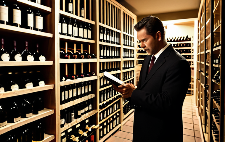 A professional male sommelier in a modest, dark business suit and a clean, traditional sommelier apron, meticulously examining a wine bottle in a vast, perfectly organized, dimly lit wine cellar. The cellar features rows of stacked wine bottles, proper temperature gauges, and subtle ambient lighting, conveying a sense of dedication and precision. He holds a small notebook and pen, indicating detailed inventory work. The image focuses on his expert attention and the traditional aspect of the profession. Perfect anatomy, correct proportions, natural pose, well-formed hands, proper finger count, natural body proportions. High-resolution, professional photography, cinematic lighting, safe for work, appropriate content, fully clothed, professional dress, family-friendly.
