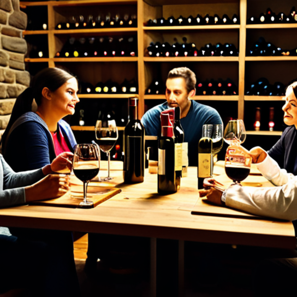 **

"A cozy wine cellar scene, dimly lit with warm lighting, featuring various wine bottles on wooden shelves. A diverse group of friends, fully clothed in casual, modest attire, are gathered around a tasting table, sampling different wines. Focus on the details of the wine labels and glasses. safe for work, appropriate content, family-friendly, perfect anatomy, natural proportions, high quality"

**