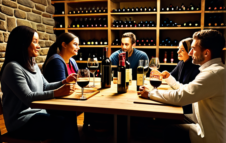 **
"A cozy wine cellar scene, dimly lit with warm lighting, featuring various wine bottles on wooden shelves. A diverse group of friends, fully clothed in casual, modest attire, are gathered around a tasting table, sampling different wines. Focus on the details of the wine labels and glasses. safe for work, appropriate content, family-friendly, perfect anatomy, natural proportions, high quality"
**