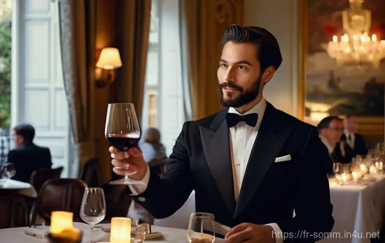 소믈리에와 와인 소매업 차이 - **A Sommelier's Expert Recommendation in a Parisian Restaurant**
    "An elegant, professionally dre...