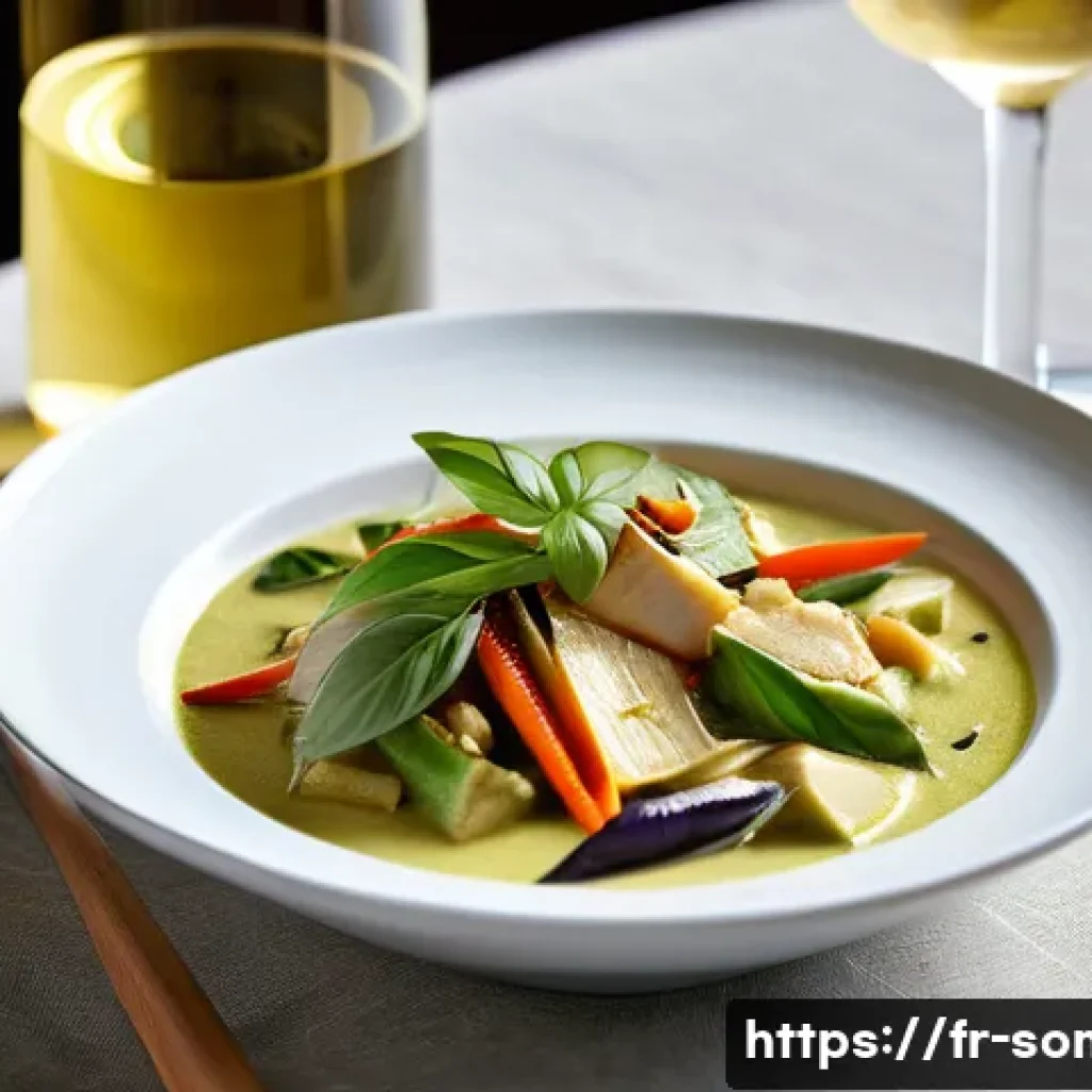와인 페어링 실무 스킬 - **Prompt:** A close-up, high-angle shot of a vibrant and aromatic Thai green curry dish, rich with v...