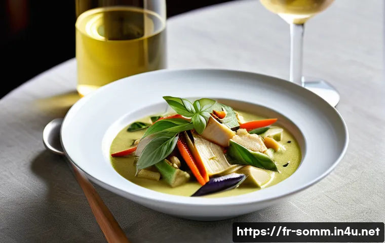 와인 페어링 실무 스킬 - **Prompt:** A close-up, high-angle shot of a vibrant and aromatic Thai green curry dish, rich with v...