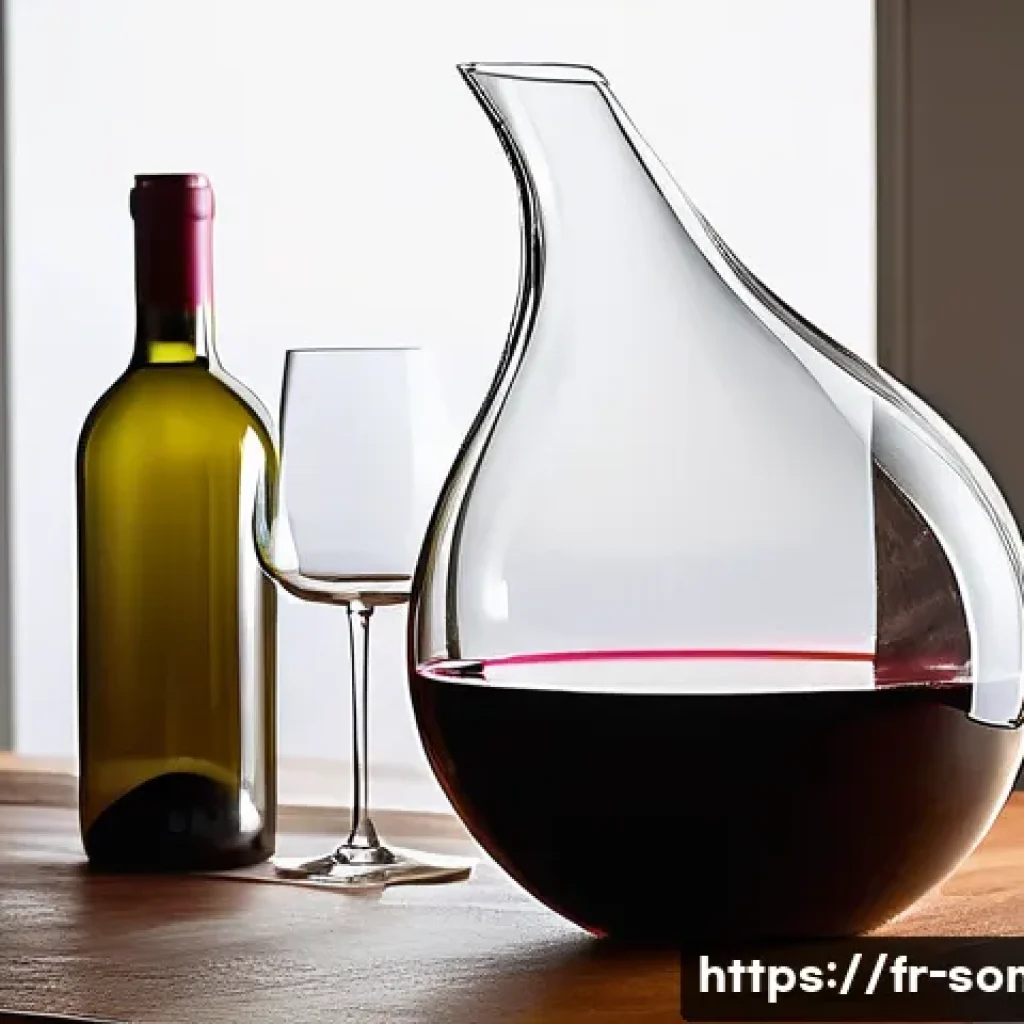 와인 디캔터 종류와 사용법 - A sophisticated wine decanter with a wide base and large opening, crafted from hand-blown clear glas...