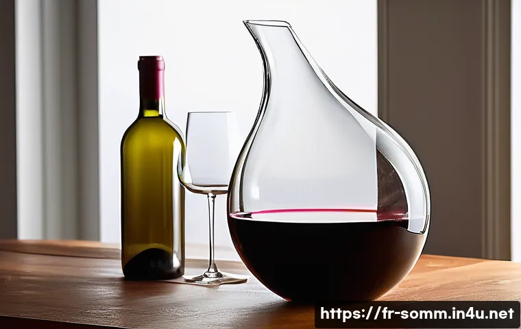 와인 디캔터 종류와 사용법 - A sophisticated wine decanter with a wide base and large opening, crafted from hand-blown clear glas...