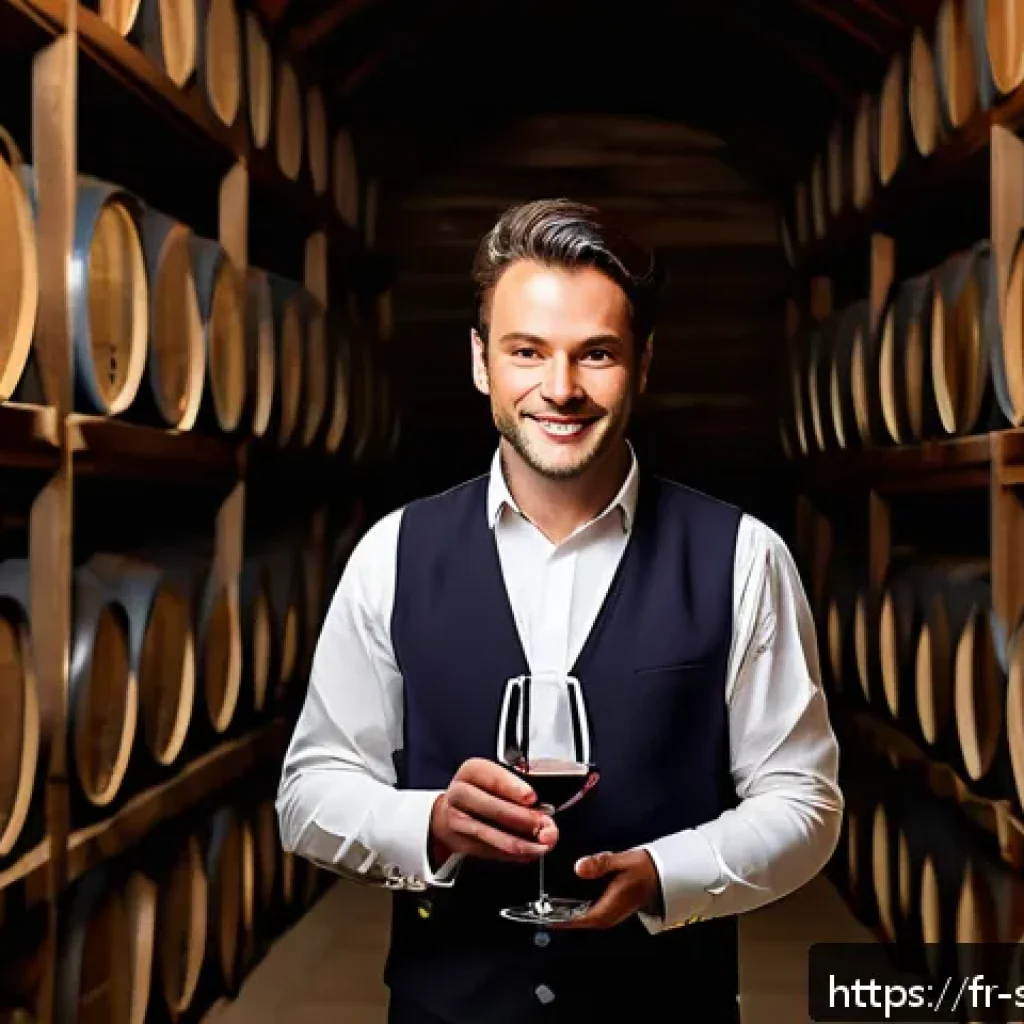 소믈리에 실무 연수 프로그램 후기 - A sophisticated French sommelier in a classic wine cellar, surrounded by rows of wooden barrels and ...