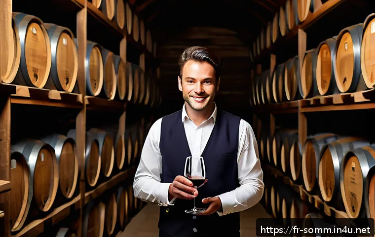 소믈리에 실무 연수 프로그램 후기 - A sophisticated French sommelier in a classic wine cellar, surrounded by rows of wooden barrels and ...