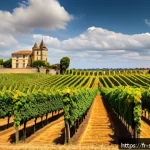 Home 22 와인 산지별 생산량과 특징 - A panoramic vineyard landscape in Bordeaux during early autumn, showcasing vast rows of Merlot and C...