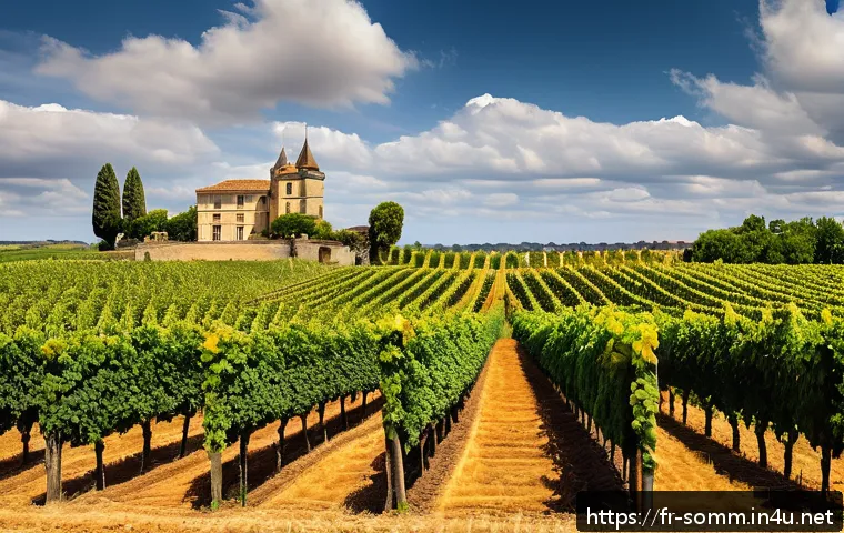 와인 산지별 생산량과 특징 - A panoramic vineyard landscape in Bordeaux during early autumn, showcasing vast rows of Merlot and C...