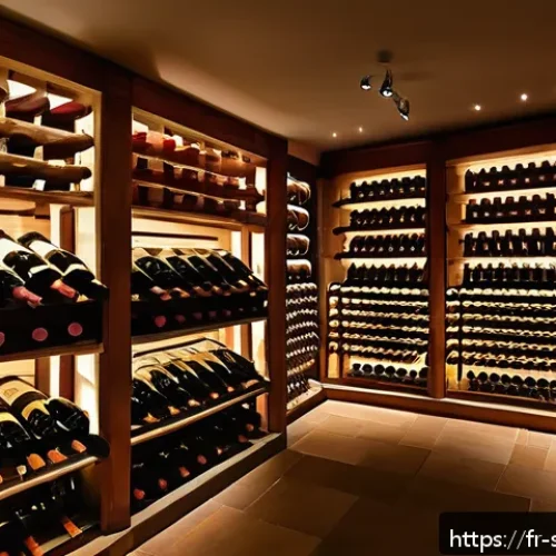 Home 32 와인 매장 아르바이트 경험기 - A warmly lit, rustic wine cellar interior showcasing rows of wooden wine racks filled with bottles s...