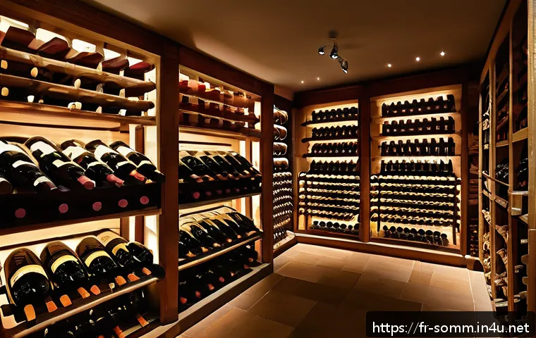 와인 매장 아르바이트 경험기 - A warmly lit, rustic wine cellar interior showcasing rows of wooden wine racks filled with bottles s...