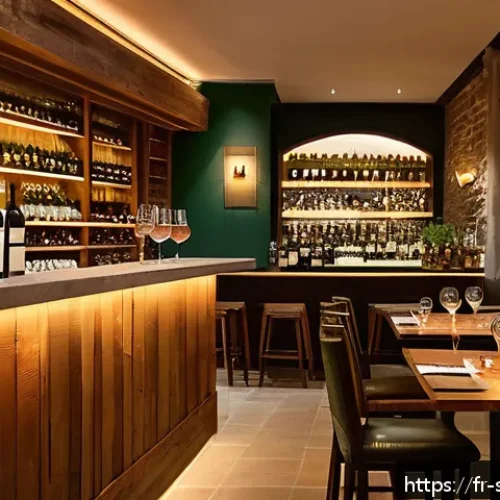 Home 31 와인 바 개업 준비 팁 - A cozy Parisian wine bar interior blending modern and traditional design elements: warm natural wood...