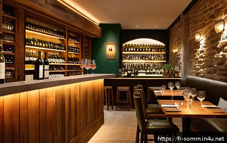 와인 바 개업 준비 팁 - A cozy Parisian wine bar interior blending modern and traditional design elements: warm natural wood...