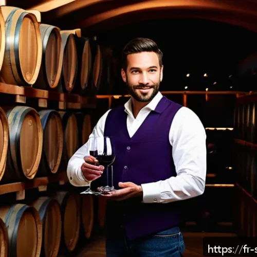 Home 30 소믈리에 초보자를 위한 조언 - A sophisticated wine tasting scene set in a cozy, elegant French wine cellar with wooden barrels and...