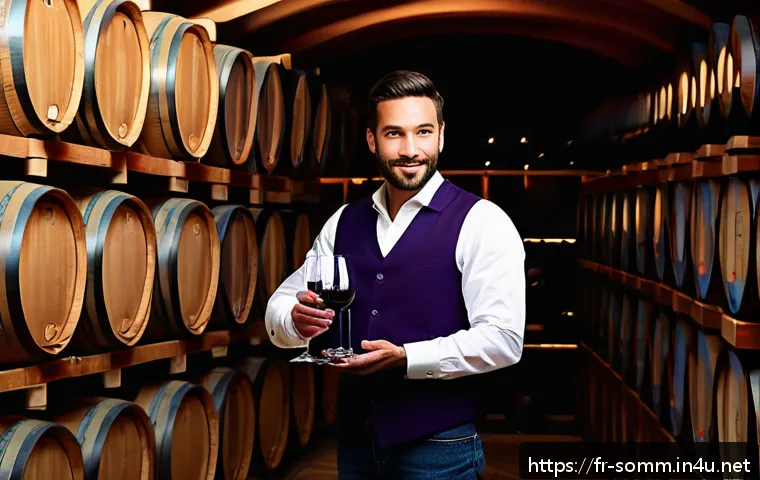 소믈리에 초보자를 위한 조언 - A sophisticated wine tasting scene set in a cozy, elegant French wine cellar with wooden barrels and...