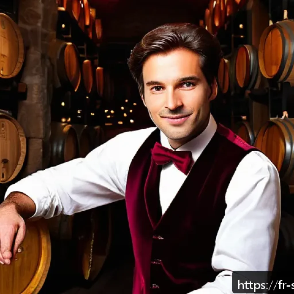 소믈리에 일과 공개 - A sophisticated French sommelier in a classic wine cellar, surrounded by wooden barrels and rows of ...