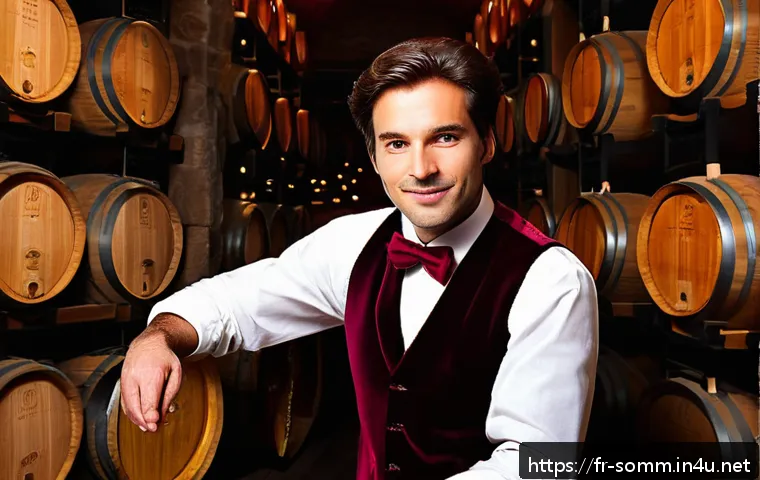 소믈리에 일과 공개 - A sophisticated French sommelier in a classic wine cellar, surrounded by wooden barrels and rows of ...