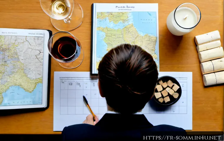 Home 17 소믈리에 시험 준비 전략 세우기 - Photorealistic overhead view of a focused adult wine student building a sommelier exam study strateg...