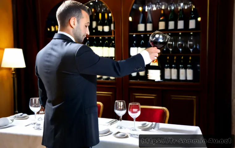 소믈리에와 바텐더 차이 - Photorealistic elegant French restaurant wine service: a professional sommelier in a dark tailored s...