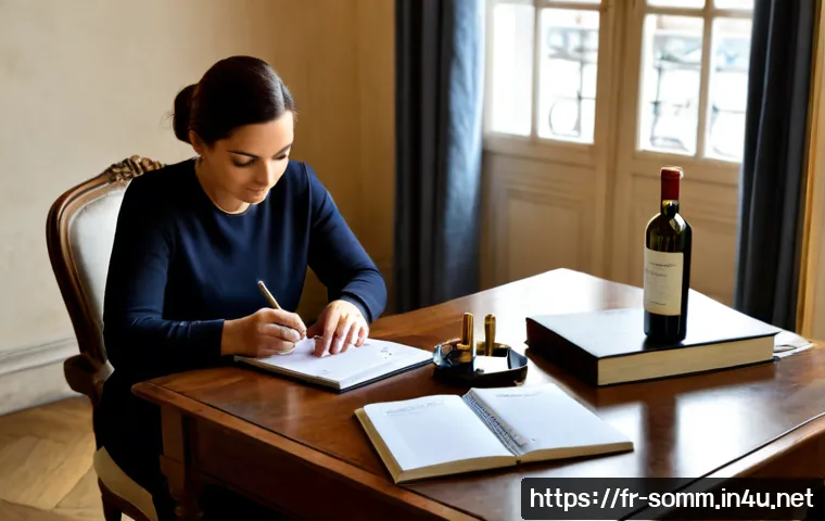Home 17 소믈리에 자격증 시험 스케줄 - Photorealistic French wine certification exam preparation scene, an adult candidate seated at a clea...
