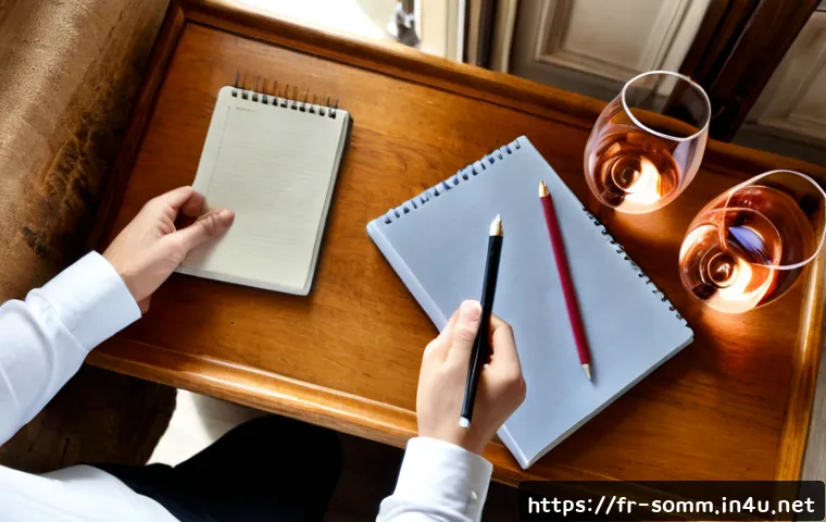 와인 테이스팅 노트 작성법 - Photorealistic overhead view of a French wine tasting note setup: a hand holding a pencil above an u...